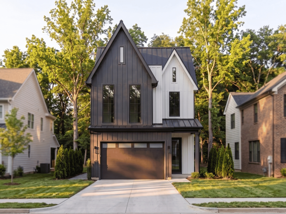 Newly built modern two-story home at golden hour